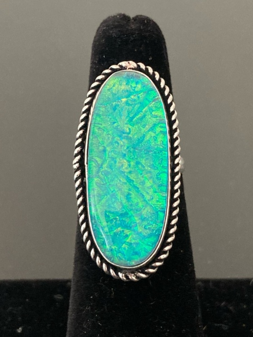 Sterling Silver Blue-Green Opal Oval Statement Ring - Size 5